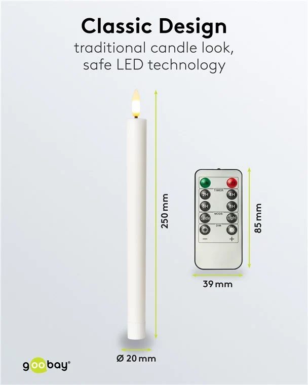 Goobay 5er-Set weiße LED-Echtwachs-Stabkerzen, inkl. Fernbedienung - mit Fernbedienung, Timerfunktion und 3D-Flammenkegel, batteriebetrieben, warmweiß (2400 K), dimmbar