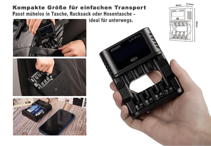 XTAR L4 Pro Akku Ladegerät – für Li-Ion 1,5V & NiMH/NiCd 1,2V AA/AAA Akkus, lädt Ihre Akkus präzise & sicher!