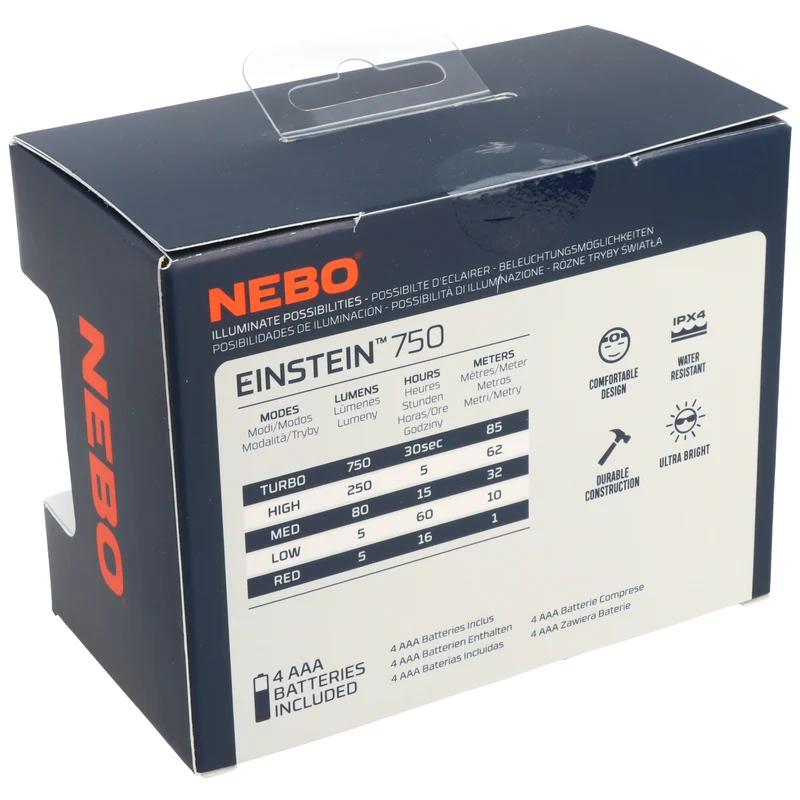 NEBO LED Stirnlampe EINSTEIN mit bis zu 750lm und 85m Leuchtweite wasserfest IPX4