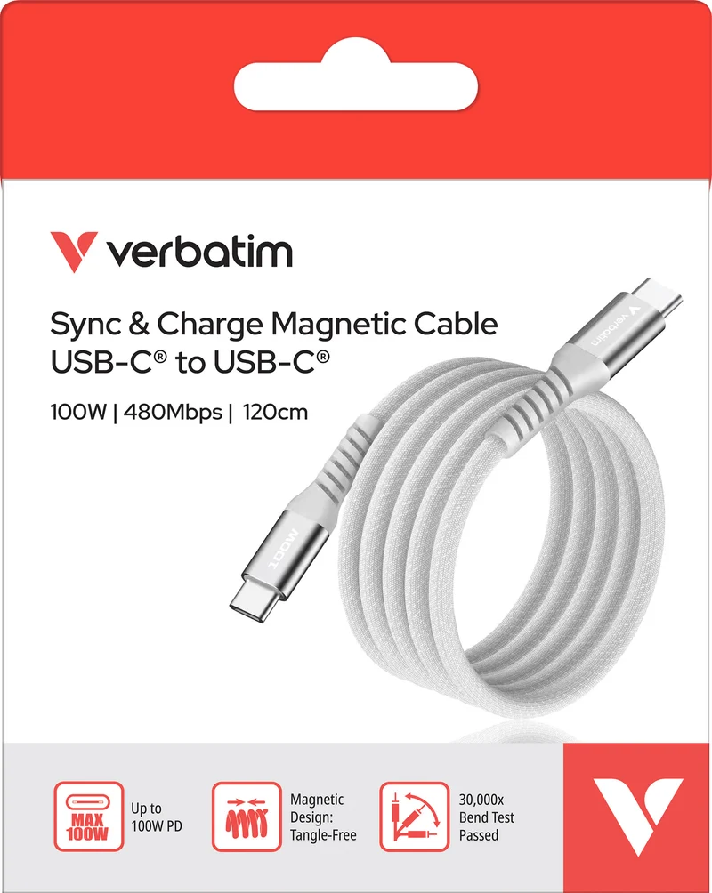 Verbatim Ladekabel, USB-C/USB-C, 1.2m Sync&Charge, 100W, 480MBit/s, Magnetic, Retail