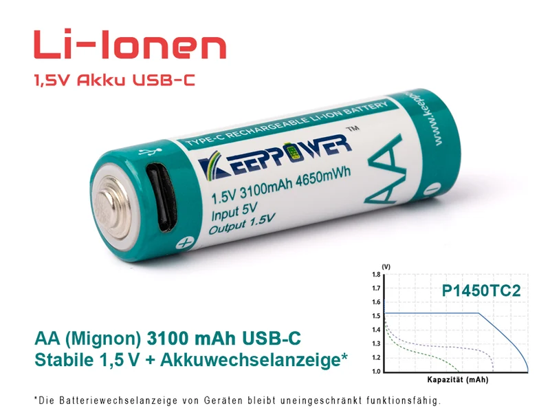 Keeppower AA 1,5 V Li-Ion-Akku mit 3100 mAh* mit Batteriewechsel-Erkennung für Verbraucher