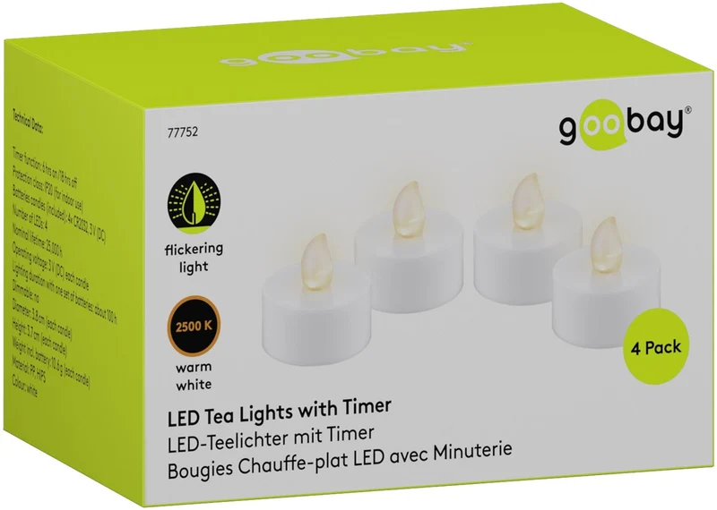 Goobay 4er-Set LED-Teelichter mit Timer, weiß - mit Timerfunktion und flackernder Flamme, batteriebetrieben, warmweiß (2500 K)