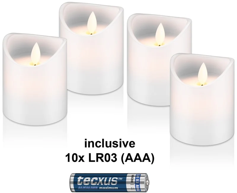 Goobay 4er-Set LED-Echtwachskerzen, weiß, inkl. 12x AAA (LR03) - mit Timerfunktion und Pendeldocht, batteriebetrieben, warmweiß (2700 K)