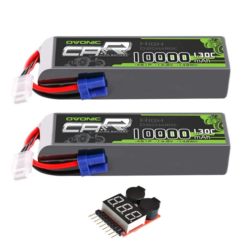 OVONIC 4S 10000mAh 14,8V 130C Lipo-Akku mit EC5-Anschluss und Lipo-Spannungsprüfer (2 St.)