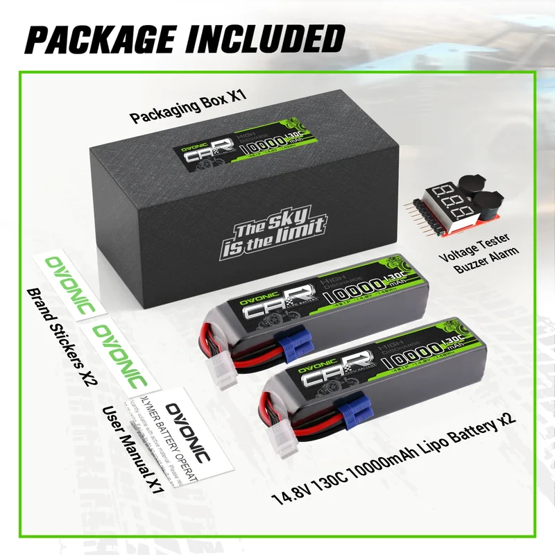 OVONIC 4S 10000mAh 14,8V 130C Lipo-Akku mit EC5-Anschluss und Lipo-Spannungsprüfer (2 St.)