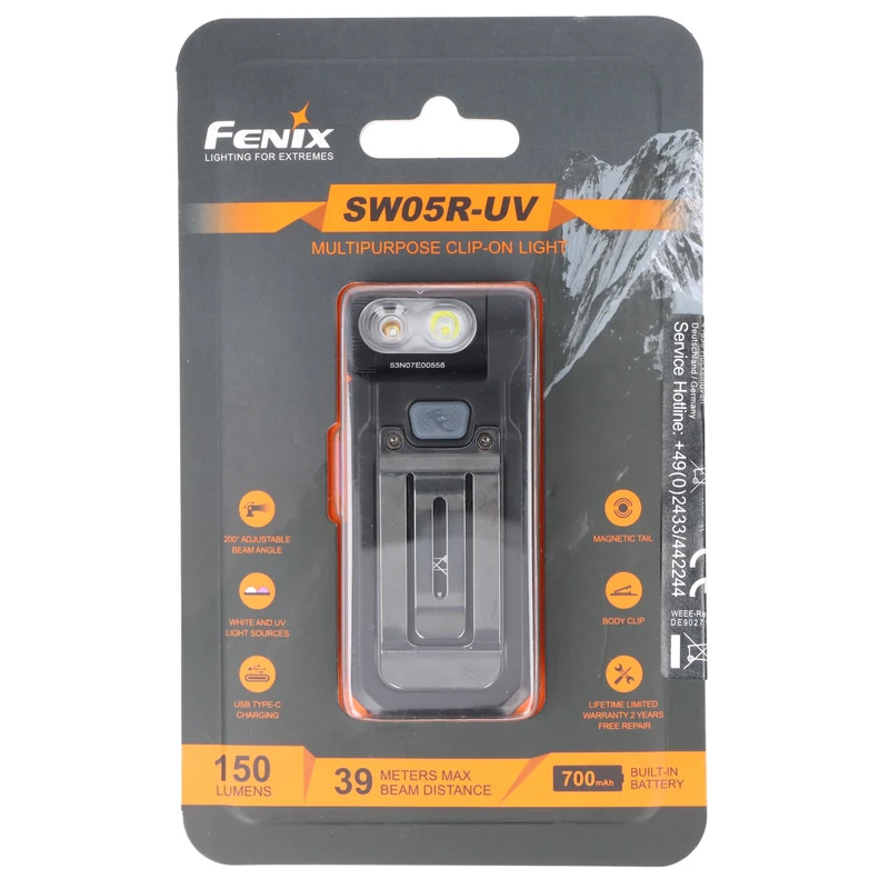 Fenix SW05R-UV LED-Taschenlampe, mit Rotlicht, Clip und Magnet, 200° verstellbarer Lampenkopf, wiederaufladbar