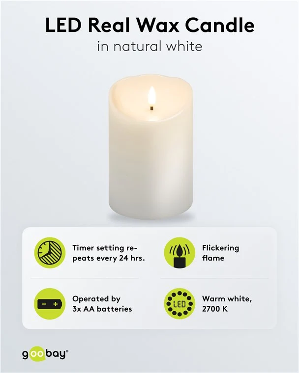 Goobay LED-Echtwachskerze, weiß, 10 x 15 cm - mit Timerfunktion und 3D-Flammenkegel, batteriebetrieben, warmweiß (2700 K)