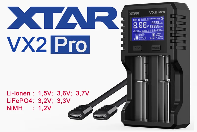 Xtar VX2 Pro – Universelles Analyse Ladegerät für 1,5V; 3,6 - 3,7V Li-Ion; 3,2V LiFePO4 & 1,2V Ni-MH Akkus