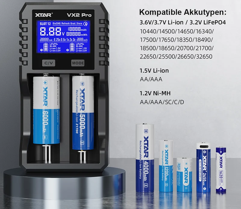 Xtar VX2 Pro – Universelles Analyse Ladegerät für 1,5V; 3,6 - 3,7V Li-Ion; 3,2V LiFePO4 & 1,2V Ni-MH Akkus