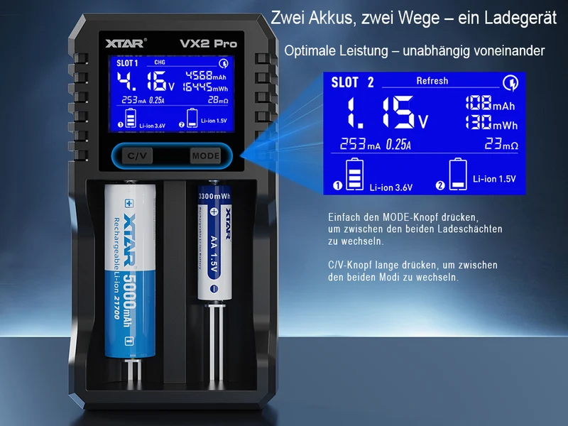 Xtar VX2 Pro – Universelles Analyse Ladegerät für 1,5V; 3,6 - 3,7V Li-Ion; 3,2V LiFePO4 & 1,2V Ni-MH Akkus