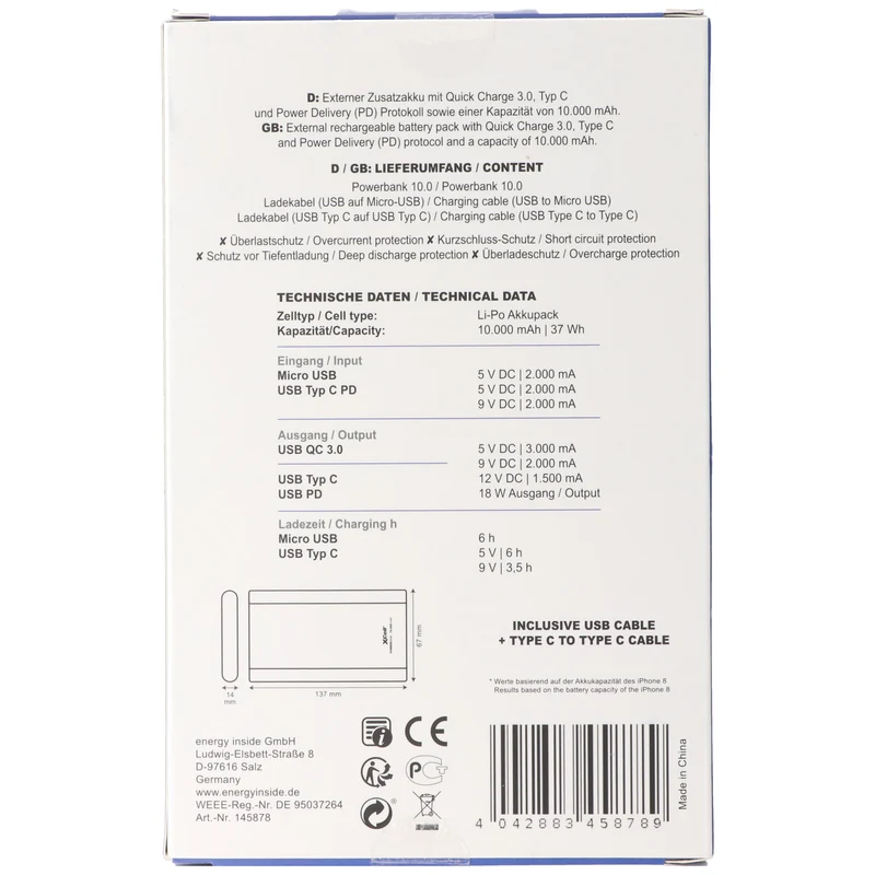 Xcell Li-Polymer Powerbank 10000mAh USB Type C und 2x QC3.0 18 Watt, max. 3A 137x67x14mm