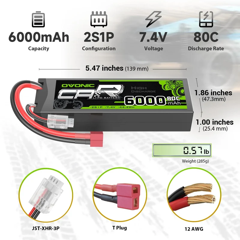 Ovonic Car 6000mAh 80C 2S 7,4 V Lipo-Akku-Hardcase mit Deans-Stecker und Lipo-Spannungsprüfung (2 St.)