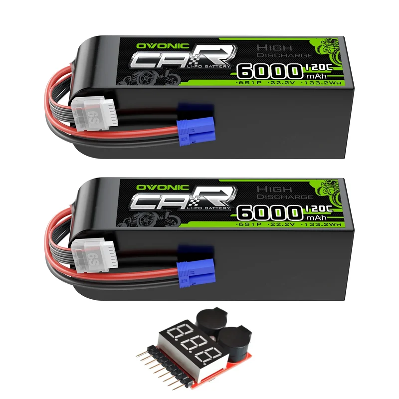 OVONIC 6S Akku 6000mAh 22,2V 120C Lipo Akku mit EC5 Anschluss & Lipo Spannungsprüfer (2 St.)