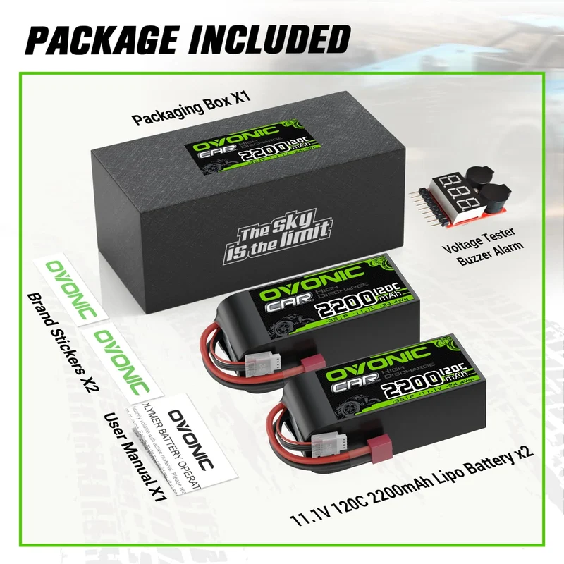 Ovonic Car 3S Short LiPo Akku 11,1V 2200mAh 120C mit Deans-T Stecker & Lipo Spannungsprüfer (2 St.)