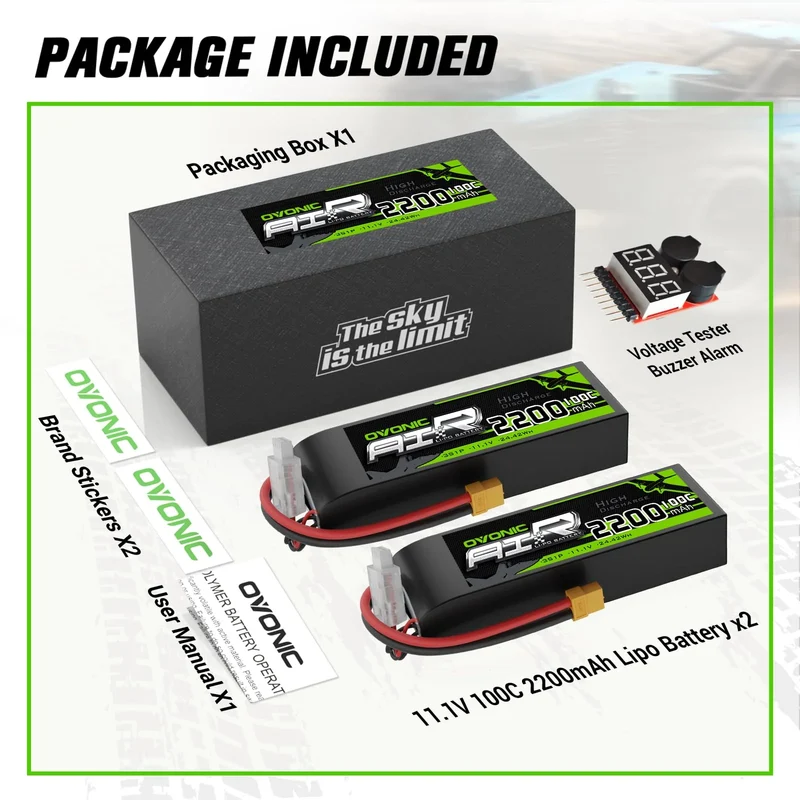 Ovonic Car 3S Short LiPo Akku 11,1V 2200mAh 120C mit XT60 Stecker & Lipo Spannungsprüfer ( 2 St.)