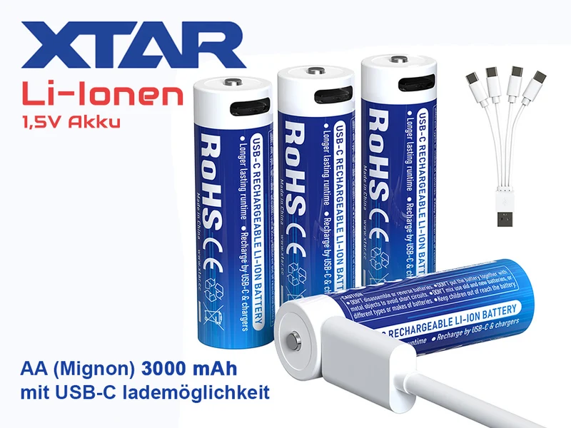 XTAR AA 1,5V Li-Ionen Akku 3000mAh – USB-C – mit gleichmäßig sinkender Spannung (4 St.)