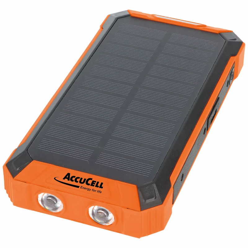 AccuCell 20000mAh Powerbank mit 4 Ladekabel, QI-Ladefunktion, Solar Panel, mit LED Licht