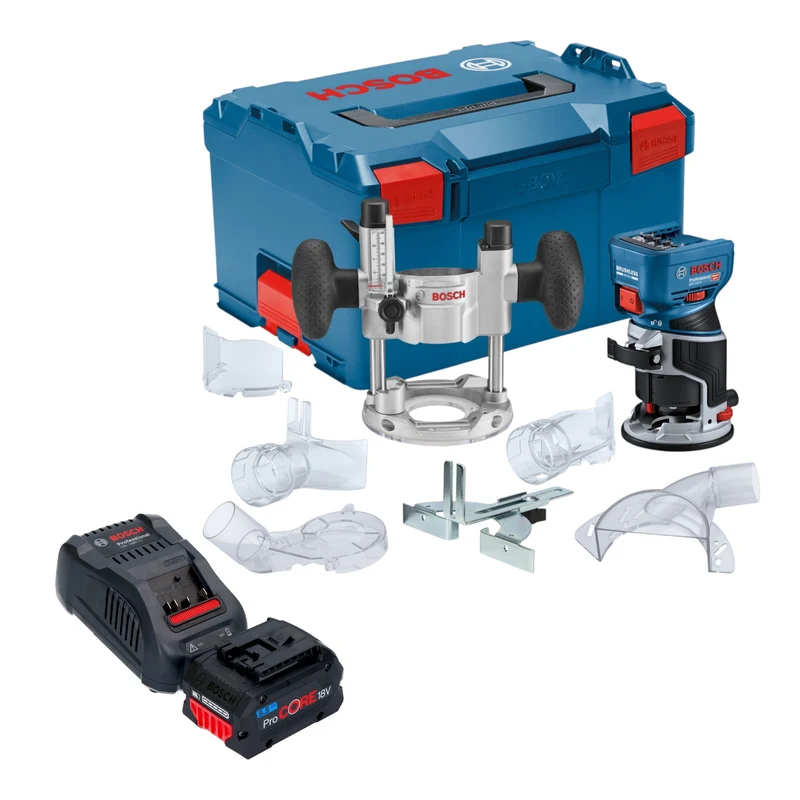 Bosch GKF 18V-8 Professional Akku Kantenfräse 18 V 8,0 mm Brushless + 1x ProCORE Akku 5,5 Ah + Ladegerät + Taucheinheit + L-Boxx