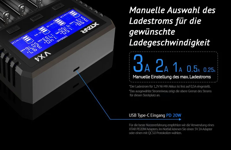 Xtar VX4 – Universelles Analyse Ladegerät für 1,5V; 3,6 - 3,7V Li-Ion; 3,2V LiFePO4 & 1,2V Ni-MH Akkus
