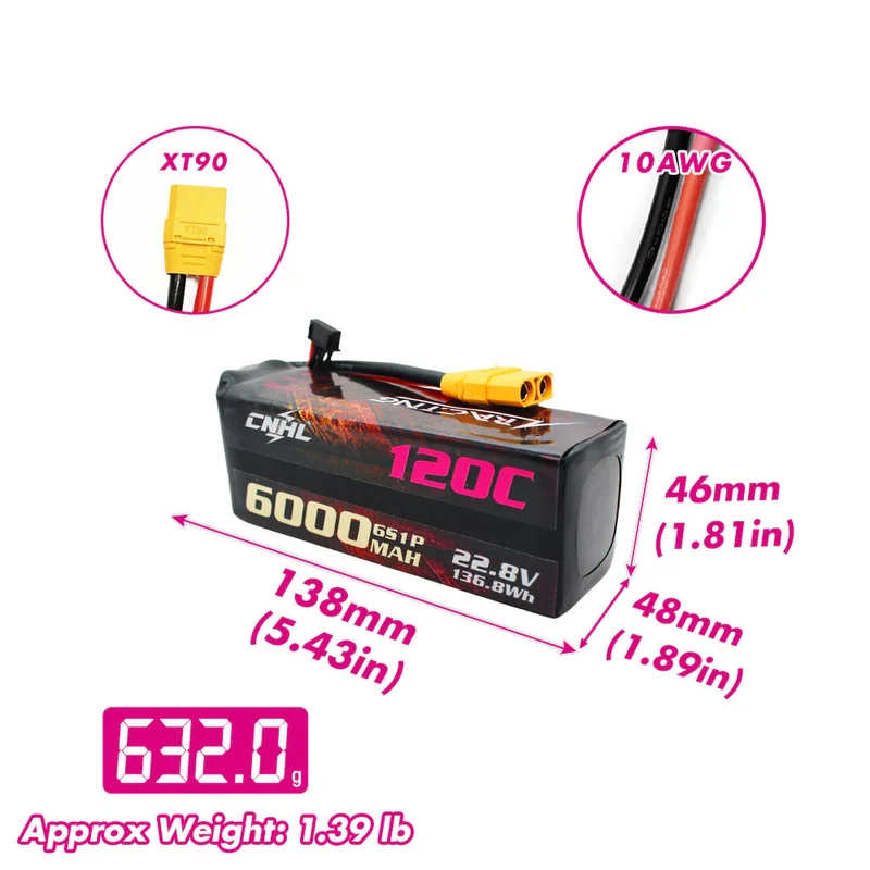 CNHL Racing Series LiHV 6000mAh 22,8 V 6S Lipo-Akku 120C mit XT90-Stecker