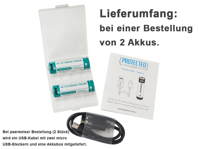Keeppower AA 1,5V 2500mAh (3750mWh) Lithium-Ionen-Akku (Wiederaufladbar über USB-C)