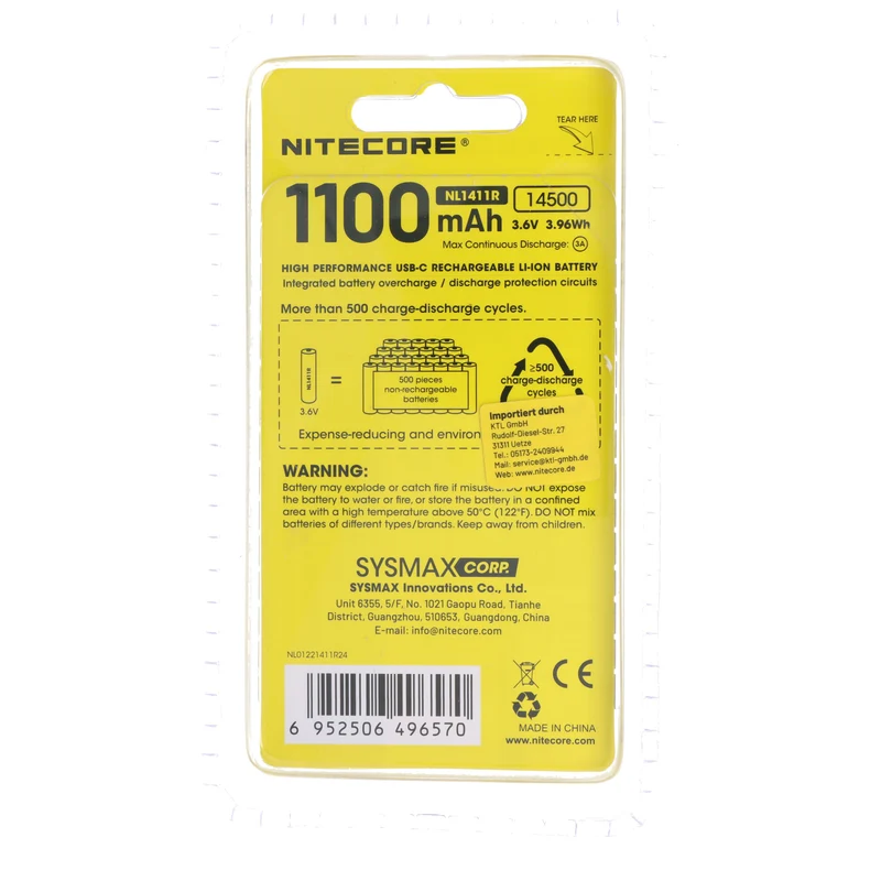 Nitecore Li-Ion Akku 14500, Typ NL1411R, 3,6V 1100mAh, mit USB-C-Ladeanschluss, 50,3 x 14,5mm