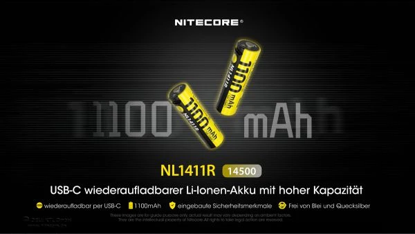 Nitecore Li-Ion Akku 14500, Typ NL1411R, 3,6V 1100mAh, mit USB-C-Ladeanschluss, 50,3 x 14,5mm