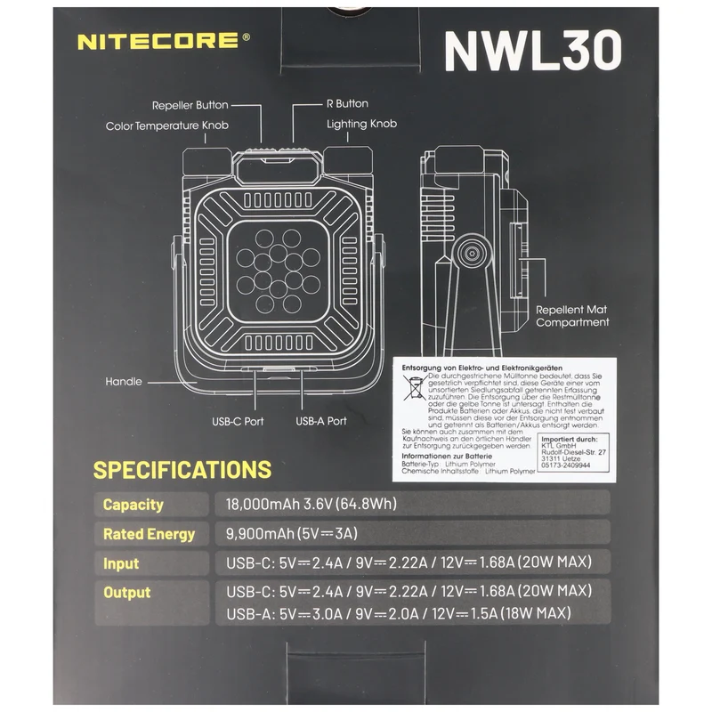 Nitecore NWL30 Universal-Arbeitsleuchte, mit Mücken-Abwehr, max. 3000 Lumen, stufenlose Einstellungen, wiederaufladbar