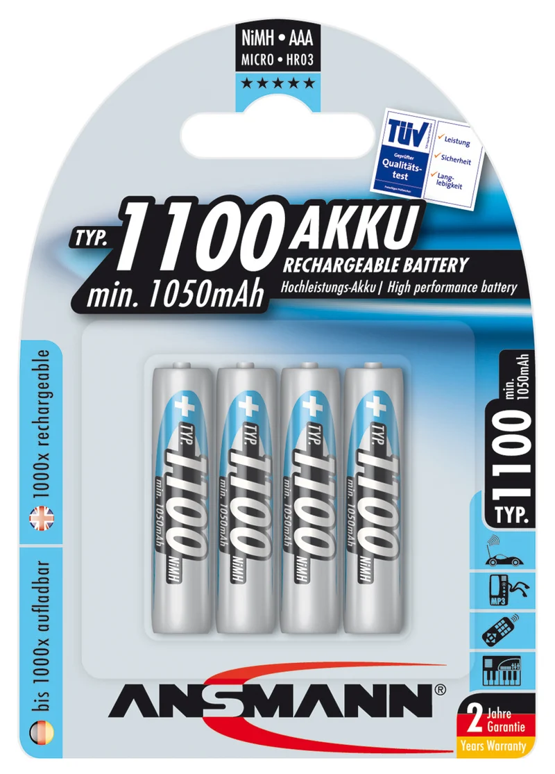 Ansmann NiMH Akku Micro, AAA, LR03, 1,2 Volt mit 1100mAh im 4er Pack