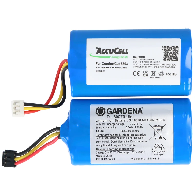 AccuCell Akku für Gardena ComfortCut 8893 und 8895 7,2 Volt, Akku für Gardena 08894-00 2500mAh Kapazität, 67,5x37x18,5mm