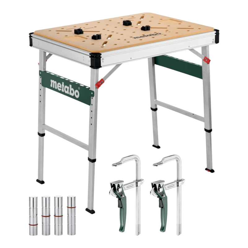 Metabo MWB 100 Multifunktionstisch mobile Werkbank robuste MDF-Tischplatte + 2x Schnellspannzwinge + 4x Bankhaken