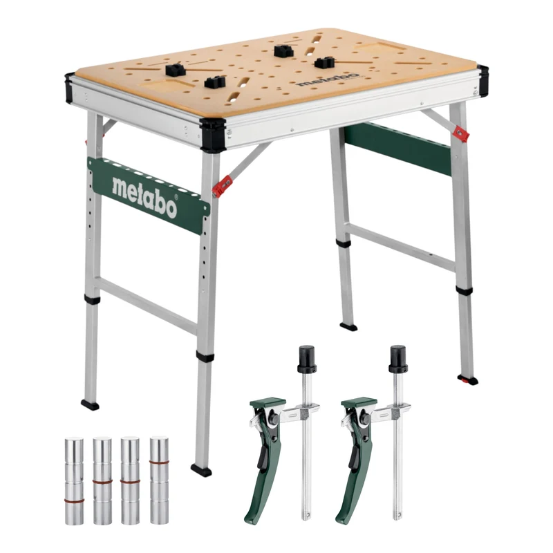 Metabo MWB 100 Multifunktionstisch mobile Werkbank robuste MDF-Tischplatte + 2x Senkrecht Schnellspannzwinge + 4x Bankhaken