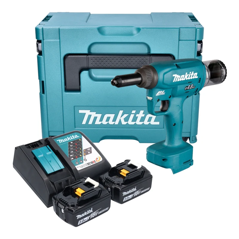 Makita DRV 150 RTJ Akku Blindnietsetzgerät 18 V 10 kN 2,4 - 4,8 mm Brushless + 2x Akku 5,0 Ah + Ladegerät + Makpac