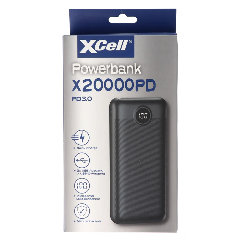 XCell Powerbank X20000PD mit 20.000mAh Kapazität, USB-C PD3.0, Quick-Charge, LED-Display, 2x USB-Ausgang 1x USB-C-Ausgang