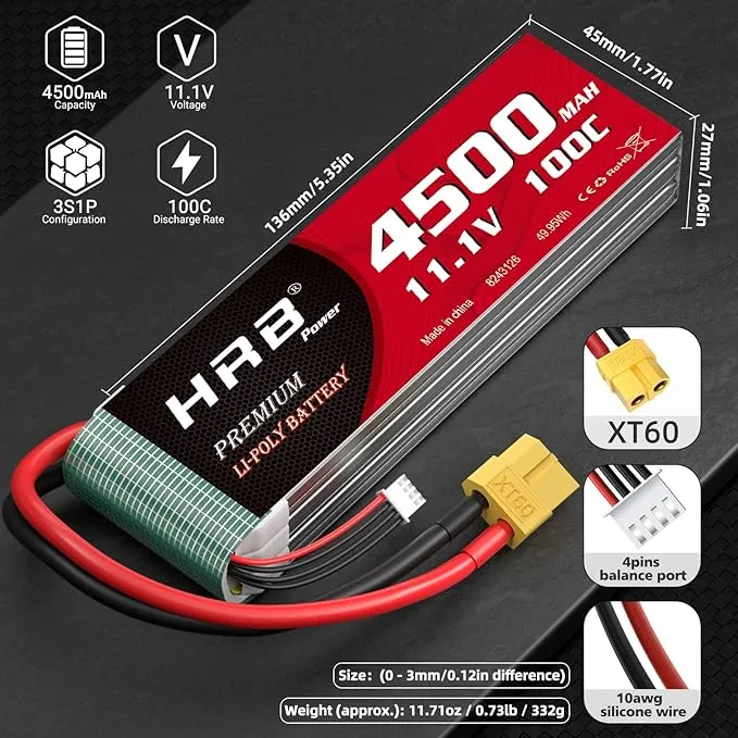 HRB 3S 11,1V 4500mAh 100C LiPo Akku mit XT60 Stecker (2 St.)