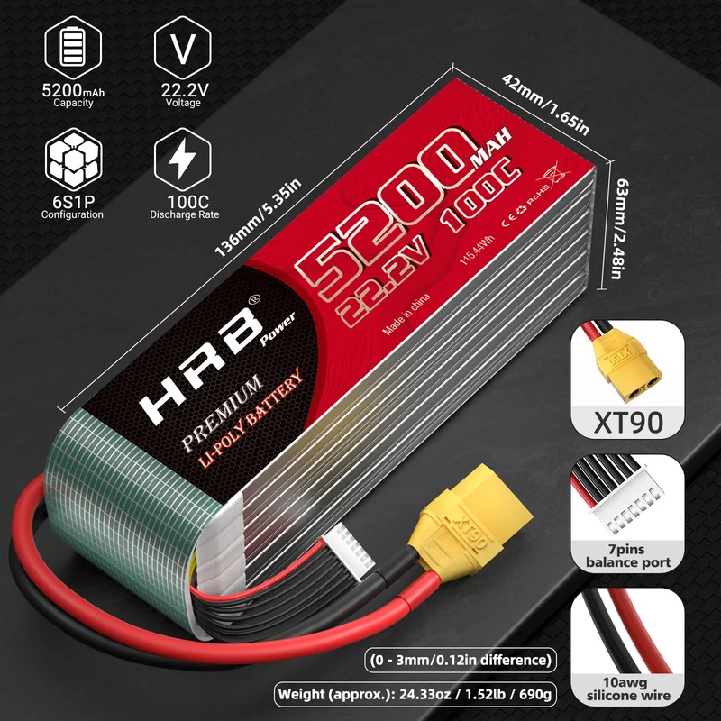 HRB 6S 5200mAh 22,2V 100C Lipo Akku mit XT90 Stecker (2 St.)