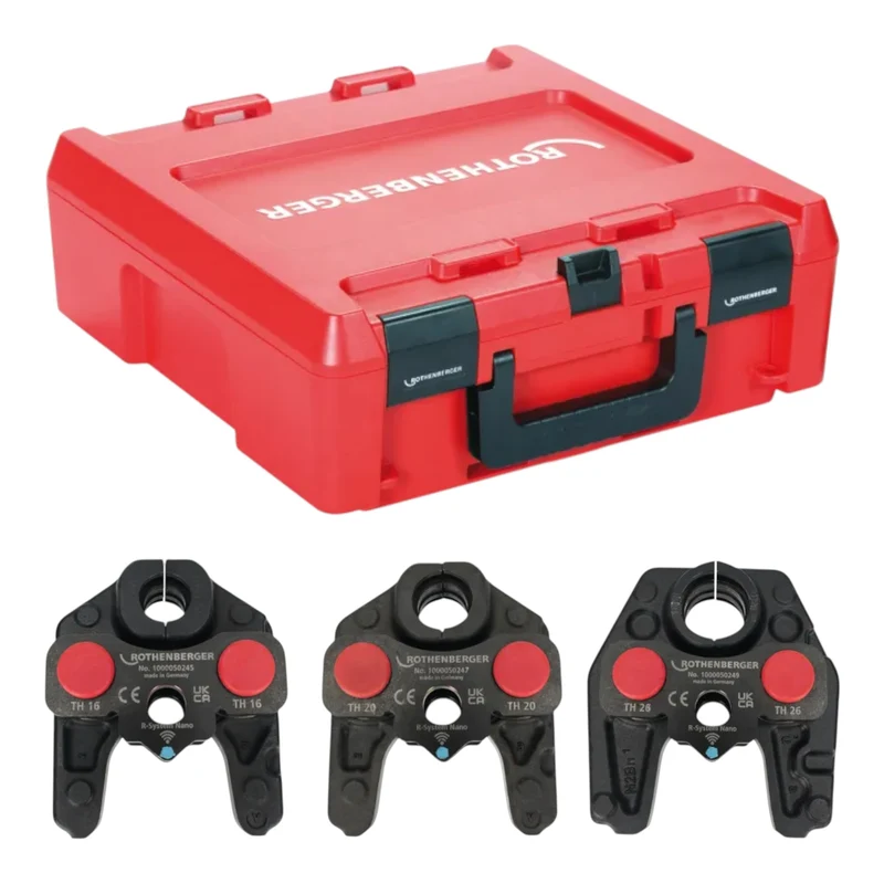 Rothenberger ROMAX NANO Akku Pressmaschine 18 V 34 kN CAS + 2x Akku 2,0 Ah + Ladegerät + 3 tlg. TH Pressbacken Set + Rocase