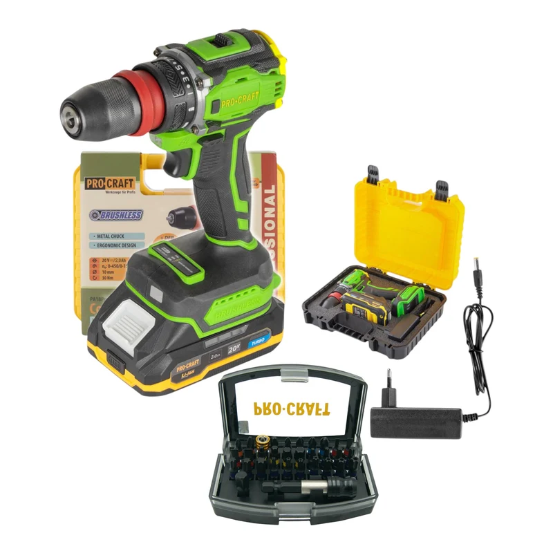 Procraft PA18PRO DFR-1B-C Akku Bohrschrauber 20 V 30 Nm Brushless + 1x Akku 2,0 Ah + Ladegerät + 32 tlg. Bit Set + Koffer