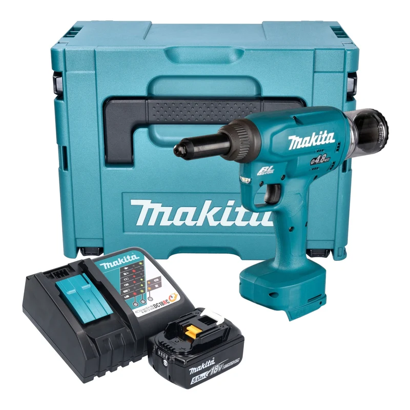 Makita DRV 150 RT1J Akku Blindnietsetzgerät 18 V 10 kN 2,4 - 4,8 mm Brushless + 1x Akku 5,0 Ah + Ladegerät + Makpac