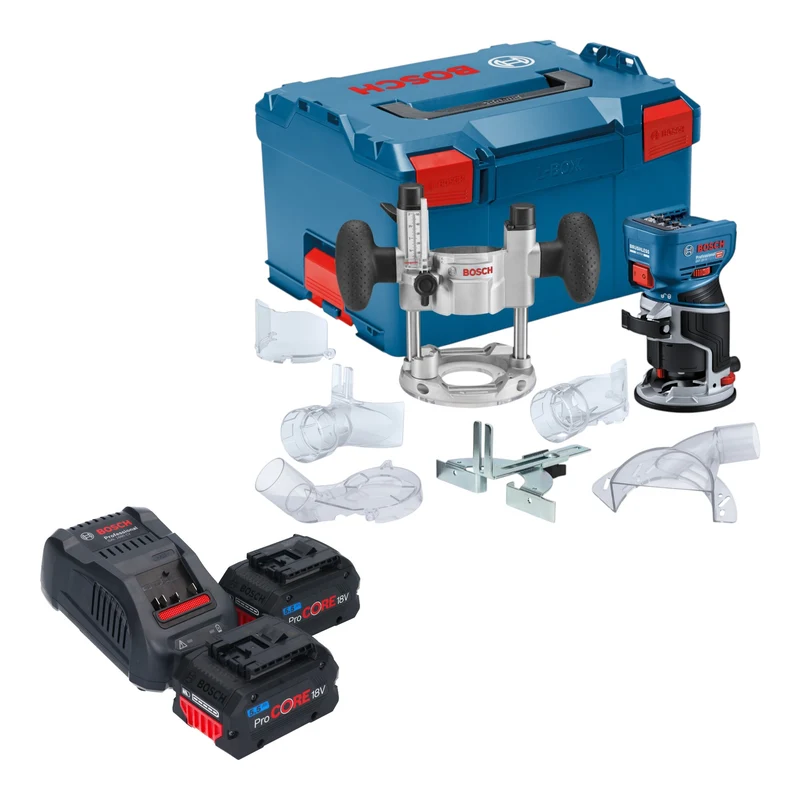 Bosch GKF 18V-8 Professional Akku Kantenfräse 18 V 8,0 mm Brushless + 2x ProCORE Akku 5,5 Ah + Ladegerät + Taucheinheit + L-Boxx