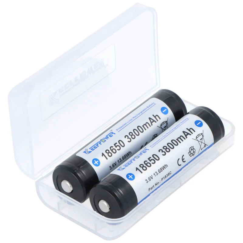 Keeppower Li-ion Akku 18650 3800mAh, 3.6V Li-Ion-Akku geschützt Pluspol erhöht 2er-Set inkl. Aufbewahrungsbox