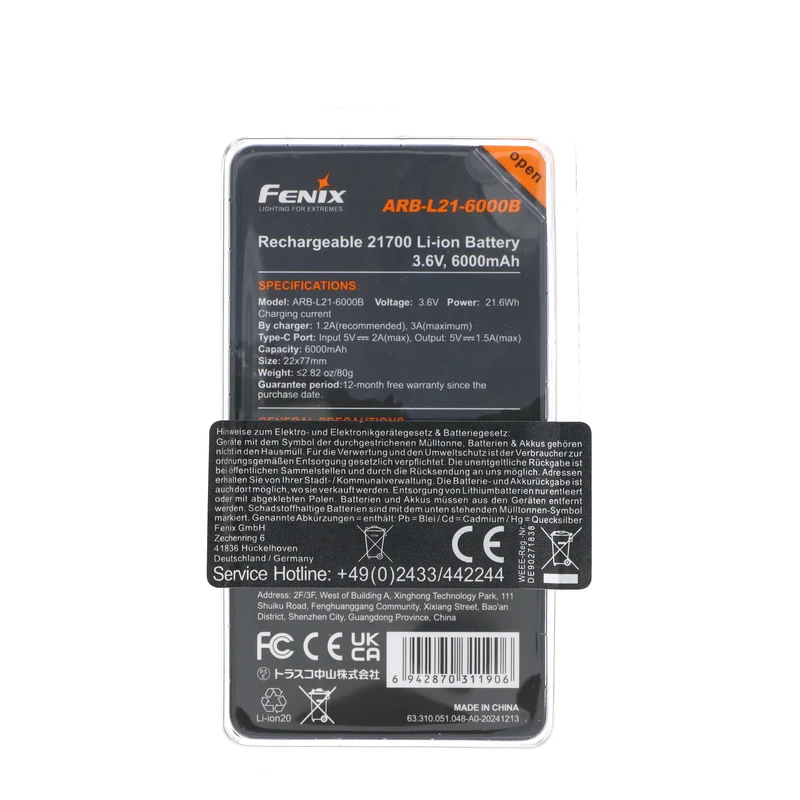 Fenix ARB-L21-6000B Li-Ion Akku, Typ 21700, 3,6V 6000mAh, mit USB-C Ladeanschluss