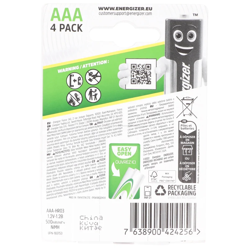 Energizer Akku NiMH, Micro, AAA, HR03, 1.2V/500mAh Universal, Pre-charged, Retail Blister (4-Pack)