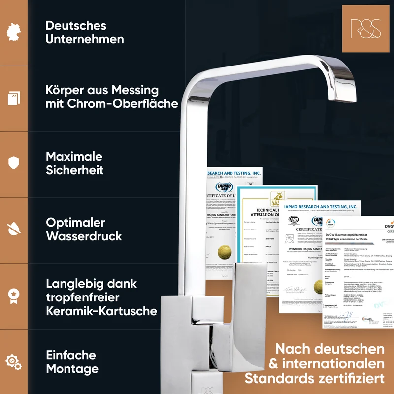 Rosenhahn & Söhne Juist 200 Küchenarmatur 360° Drehbarer Wasserhahn Küche - Armatur Küche [Chrom] - 2-fach verstellbare Spültischarmatur + Anschlussschläuche