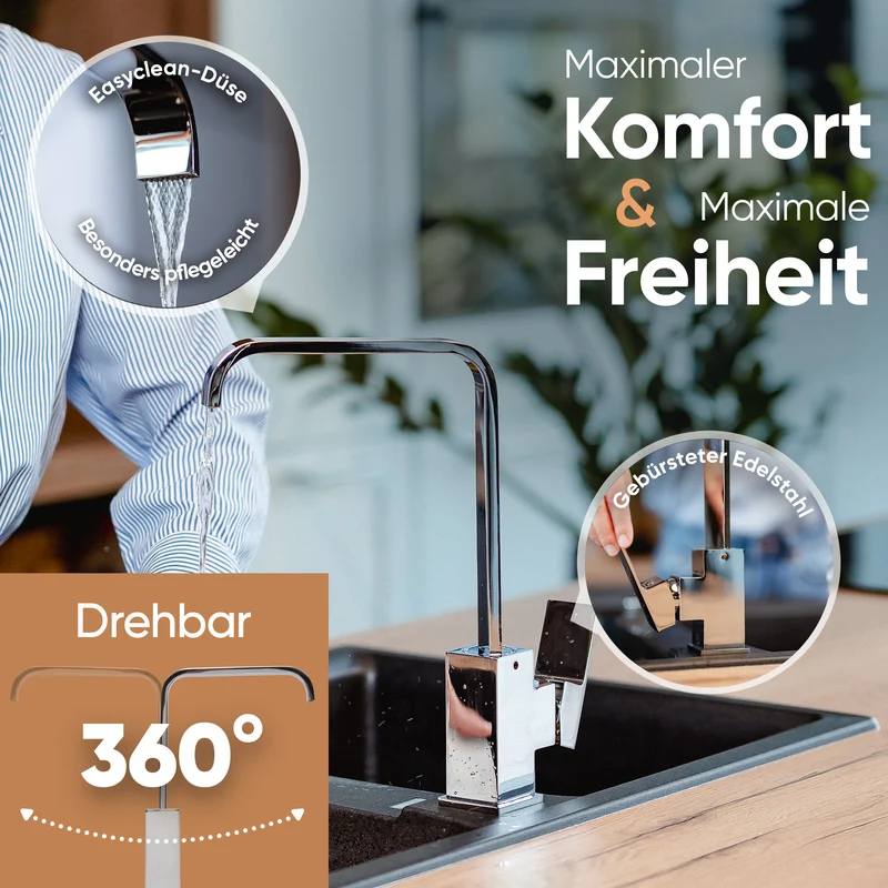 Rosenhahn & Söhne Juist 200 Küchenarmatur 360° Drehbarer Wasserhahn Küche - Armatur Küche [Chrom] - 2-fach verstellbare Spültischarmatur + Anschlussschläuche
