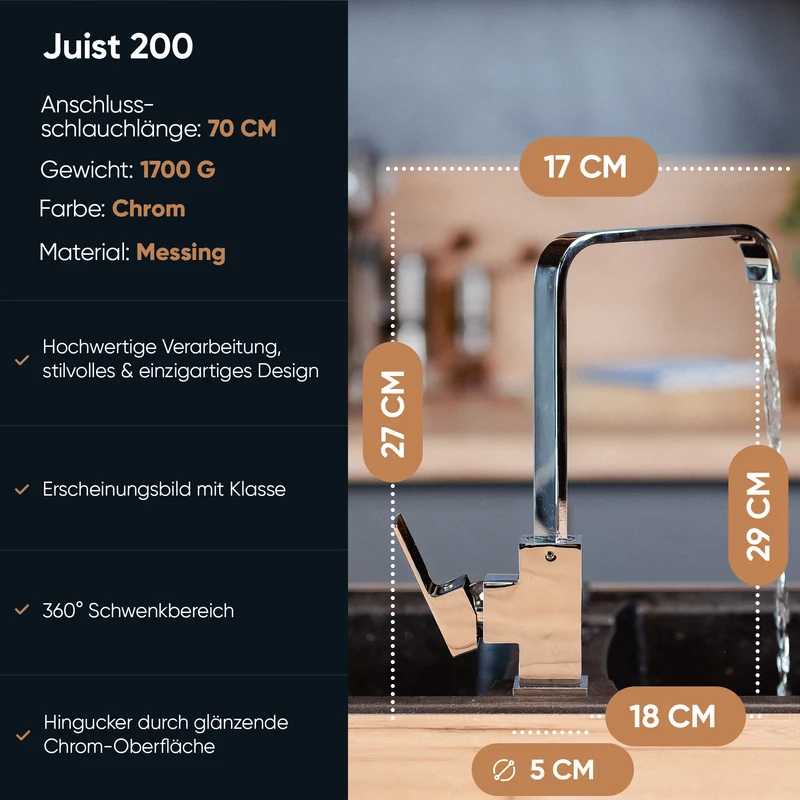 Rosenhahn & Söhne Juist 200 Küchenarmatur 360° Drehbarer Wasserhahn Küche - Armatur Küche [Chrom] - 2-fach verstellbare Spültischarmatur + Anschlussschläuche