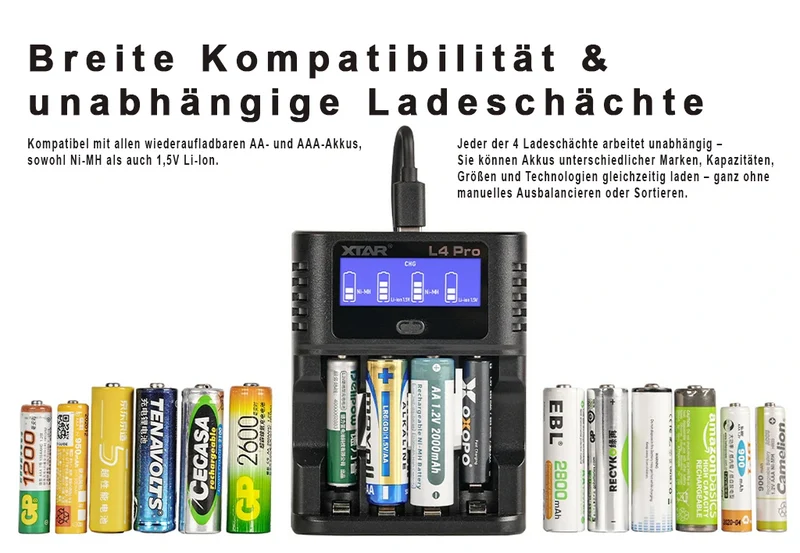 XTAR L4 Pro – Akku-Ladegerät mit LCD, Refresh & Discharge für Li-Ion/NiMH AA/AAA
