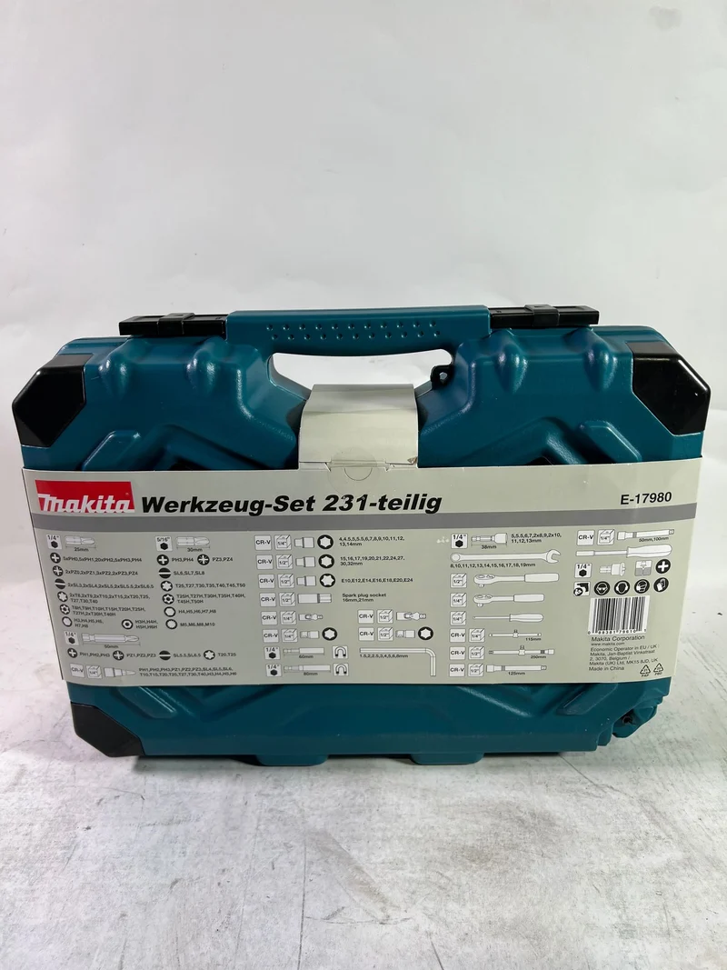Makita E-17980 Werkzeug Set 231 tlg. 5/16" / 1/4" / 1/2" Schraubendreher / Ratsche / Schraubenschlüssel / Bits + Koffer - Leicht Gebraucht
