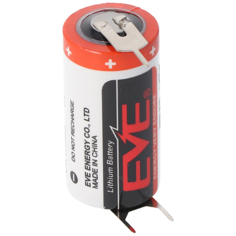 EVE CR17335 Batterie Baugröße 2/3A mit 3 Volt Spannung und 1550mAh Kapazität, Abmessungen 33,5 x 17mm, mit Printkontakten +/-- 7,6mm Rastermaß