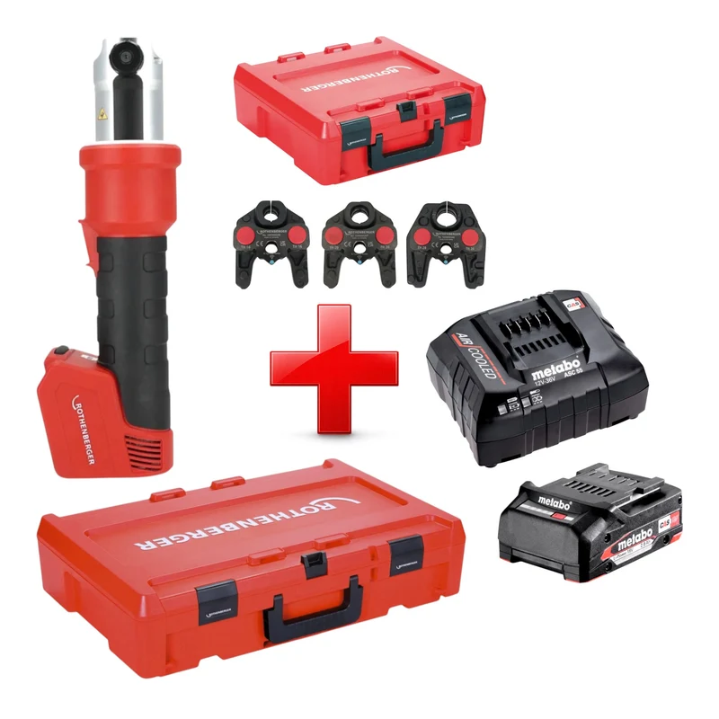 Rothenberger ROMAX NANO Akku Pressmaschine 18 V 34 kN CAS + 1x Akku 2,0 Ah + Ladegerät + 3 tlg. TH Pressbacken Set + Rocase